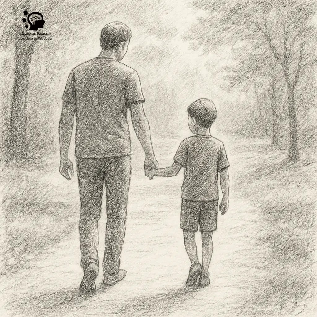 pasar del rol de "padre helicóptero" (que sobrevuela para solucionar todo) al de "padre guía" Padre e hijo caminando juntos, simbolizando guía y autonomía
