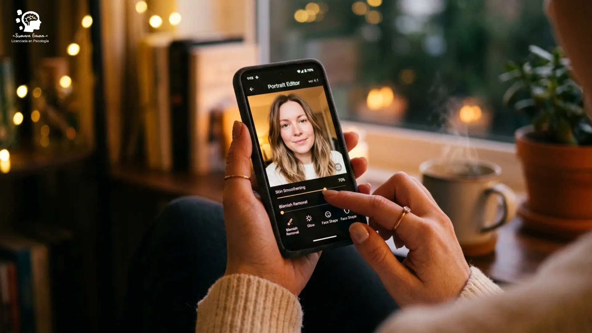 Un primer plano de manos sosteniendo un smartphone mostrando una app de edición, con un fondo difuminado y cálido que invite a la introspección.