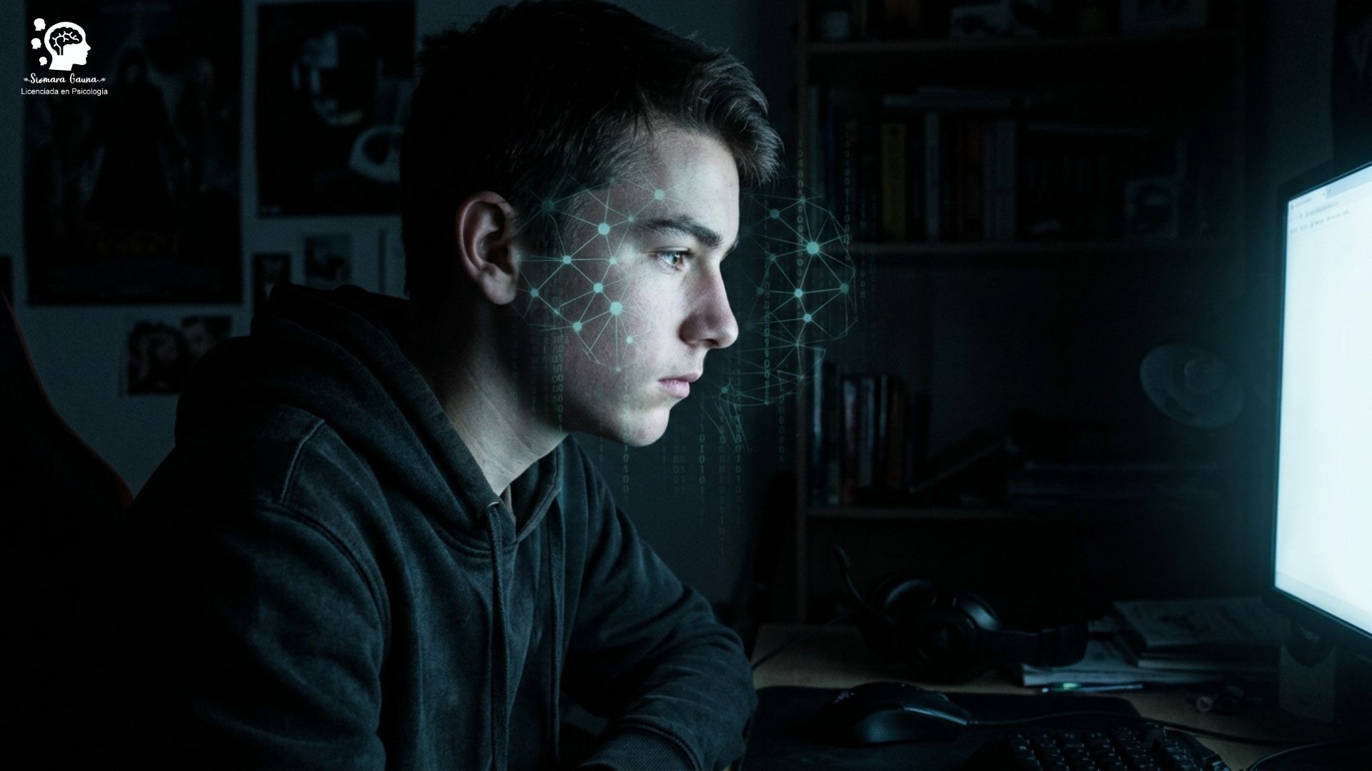 El rostro de perfil de un adolescente iluminado únicamente por la luz azul de una pantalla en una habitación oscura, con texturas gráficas superpuestas que simulen conexiones neuronales o código digital. Tono introspectivo y serio.
