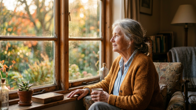 Una persona mujer mayor mirando con serenidad a través de una ventana iluminada por el sol de la tarde.