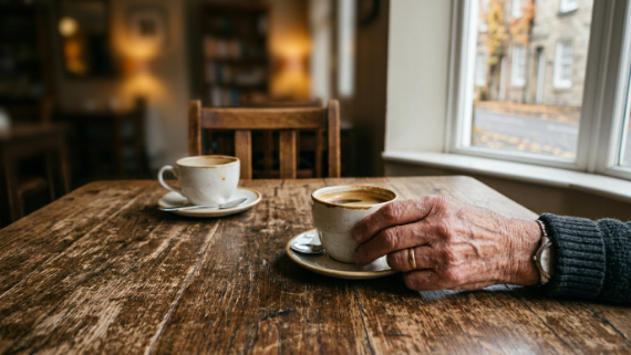 Dos tazas de café sobre una mesa de madera rústica, donde una de las manos de una persona mayor sostiene una taza, mientras el lado opuesto de la mesa se ve ligeramente vacío o desenfocado, simbolizando la ausencia o la introspección vincular.