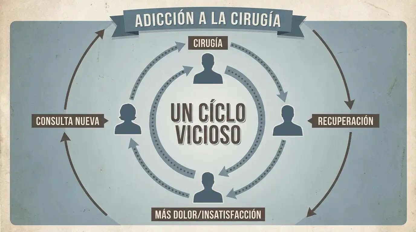 El Círculo Vicioso de la Cirugía: Una imagen tipo infografía simbólica. Un diagrama circular o espiral muestra a una persona que pasa de una operación a otra en un ciclo sin fin, ilustrado por una línea que conecta una silueta de paciente tras otra, con texto como "ADICCIÓN A LA CIRUGÍA" y "UN CÍRCULO VICIOSO" flotando cerca.