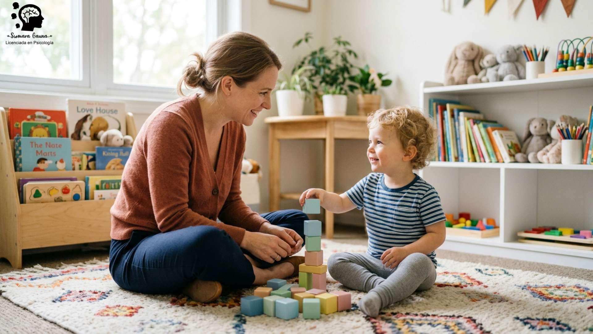 Es normal que mi hijo todavía no hable Un plano medio, cálido y luminoso, de una psicóloga infantil (o una madre) sentada en el suelo a la altura de un niño pequeño (alrededor de 2 años). Están interactuando cara a cara mediante un juego de cubos de madera de colores pastel. El enfoque está en el contacto visual y la sonrisa cómplice del niño, transmitiendo una atmósfera de consultorio amigable, respetuoso y lúdico.
