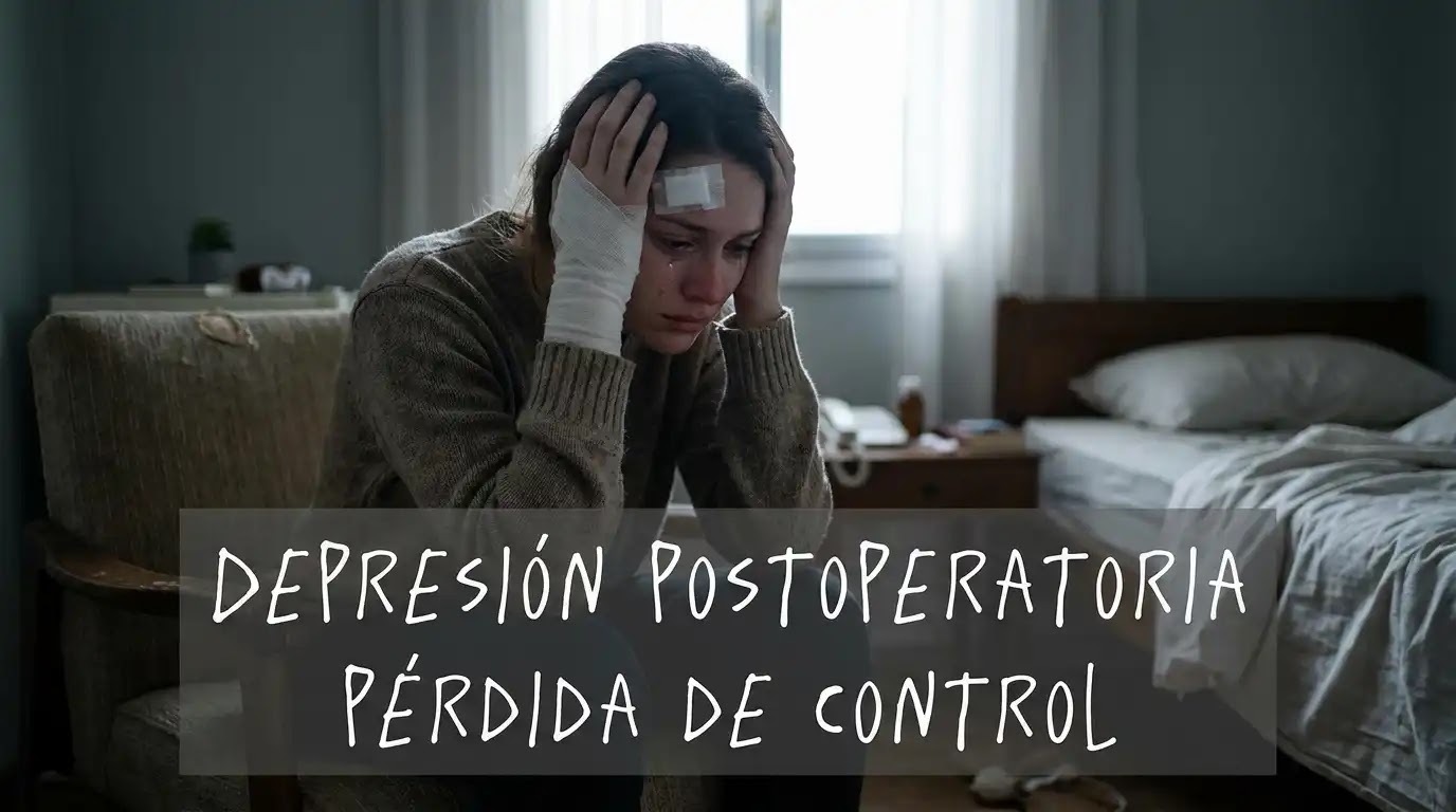 La Carga Emocional Postoperatoria: Una fotografía íntima e introspectiva. Una persona con vendajes o signos recientes de cirugía está sentada sola en una habitación tranquila, con la cabeza baja y expresión de tristeza o vulnerabilidad, transmitiendo el sentimiento de "DEPRESIÓN POSTOPERATORIA" y "PÉRDIDA DE CONTROL" a través de la atmósfera y el texto superpuesto de manera delicada.