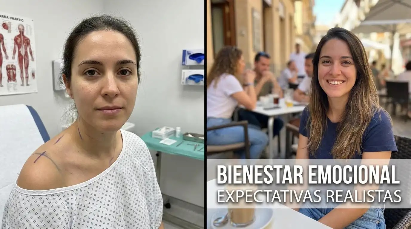 Expectativas Realistas vs. Bienestar: Una imagen dividida. A la izquierda, una persona antes de la cirugía con una expresión neutra y marcas preoperatorias. A la derecha, la misma persona después, sonriendo con confianza y relajada en su entorno social, con el texto "BIENESTAR EMOCIONAL" y "EXPECTATIVAS REALISTAS" integrados suavemente.