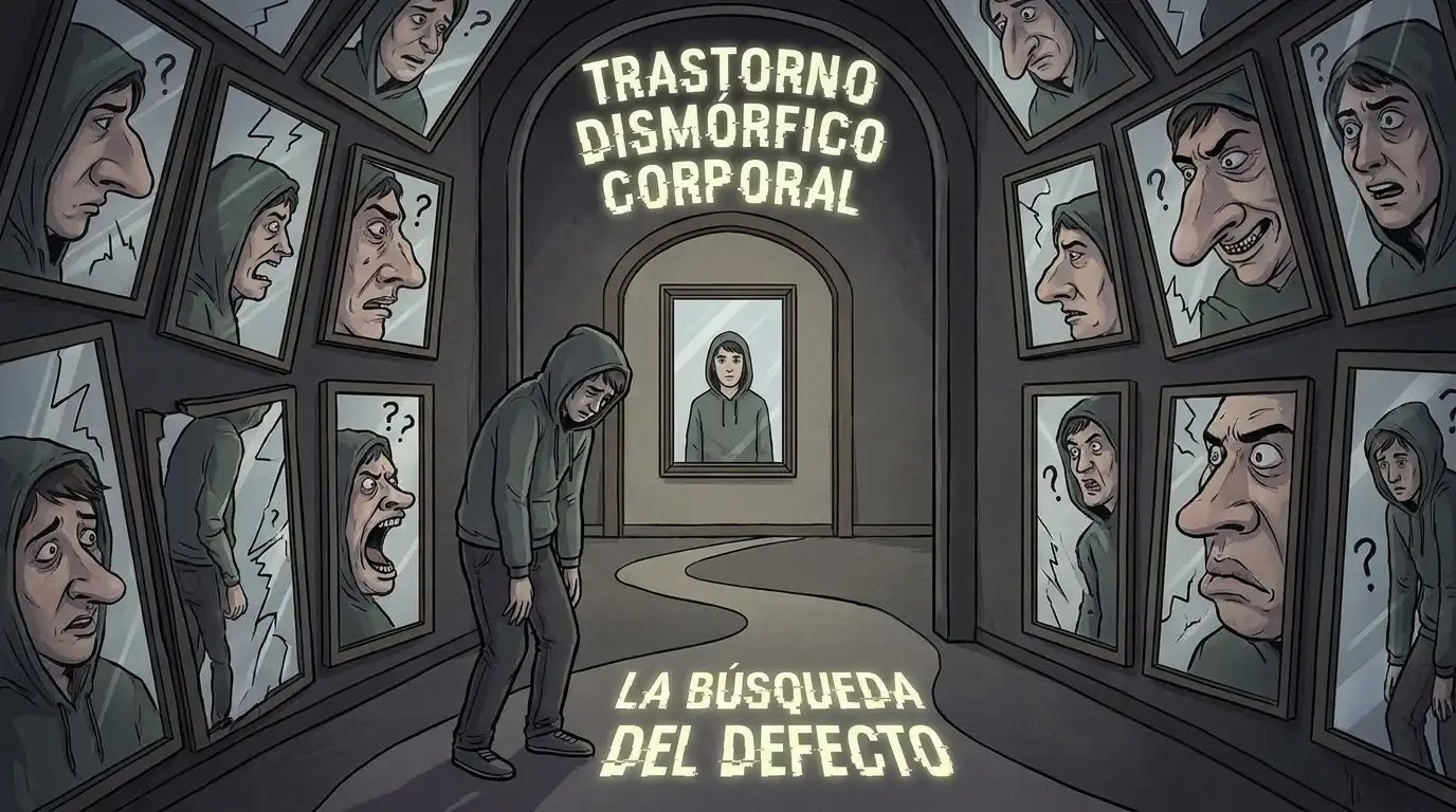 La Distorsión de la Imagen: Una ilustración conceptual sobre el Trastorno Dismórfico Corporal. Una persona está rodeada por un laberinto de espejos distorsionados que reflejan múltiples versiones de sí misma con defectos exagerados, mostrando angustia. Un espejo central y claro refleja la realidad, pero está ignorado. El texto "TRASTORNO DISMÓRFICO CORPORAL" y "LA BÚSQUEDA DEL DEFECTO" aparece como parte de la composición.