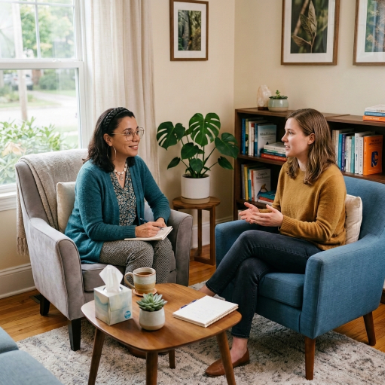 Dos personas hablando en un consultorio, representando la terapia como un espacio seguro Dos personas hablando en un consultorio, representando la terapia como un espacio seguro