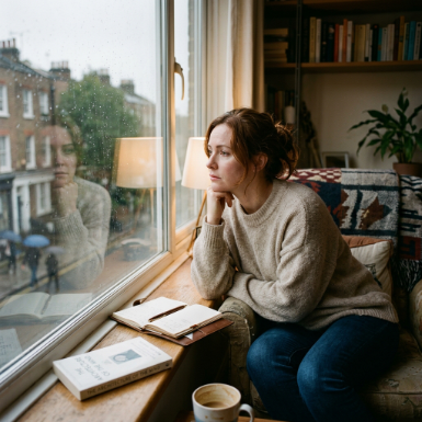 Mujer pensativa mirando por la ventana, reflexionando sobre la terapia psicológica Mujer pensativa mirando por la ventana, reflexionando sobre la terapia psicológica