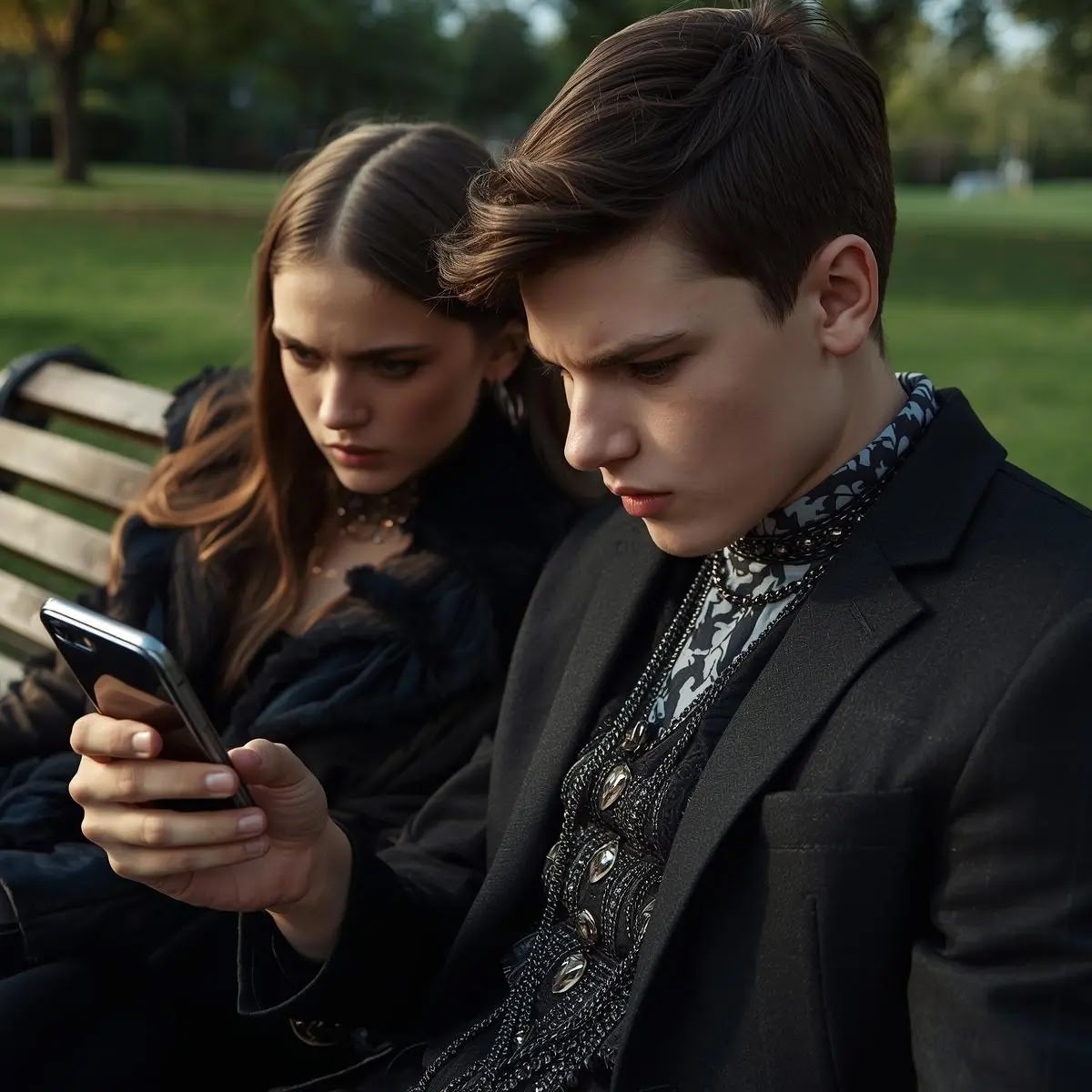 Primer plano de dos adolescentes ( gen Z) sentados en un banco de plaza o escuela. Uno de ellos mira con desconfianza y ansiedad la pantalla del celular del otro, mientras el otro se nota incómodo o a la defensiva.