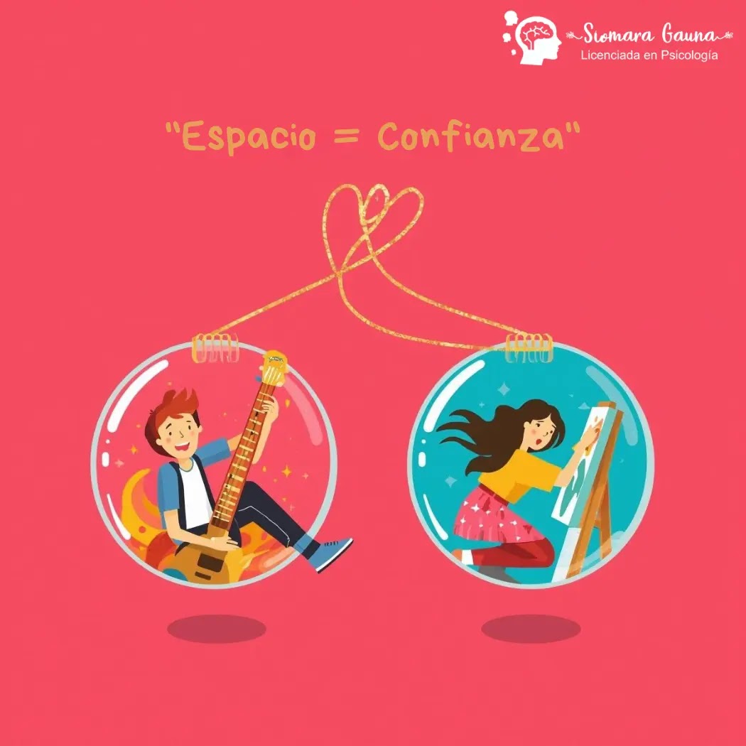 Un chico y una chica están separados, cada uno en su propia "burbuja" colorida, dedicándose a sus hobbies (uno tocando guitarra, el otro pintando o jugando deportes), pero unidos por un hilo dorado suelto y brillante que representa un vínculo sano y libre.