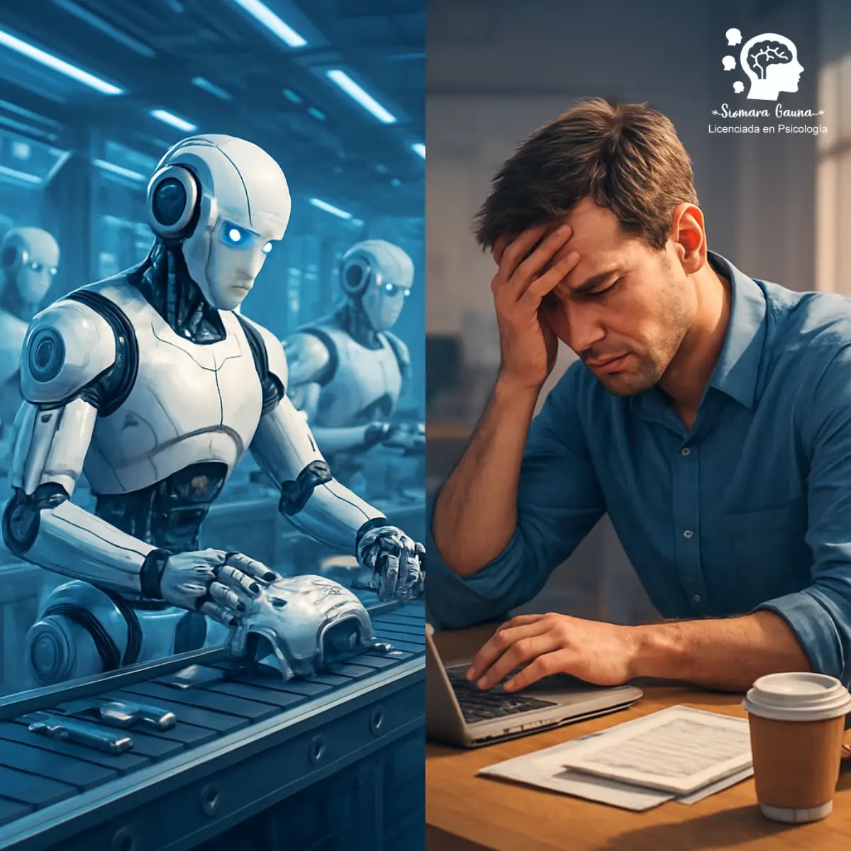 Máquina vs. Ser Humano Un robot o una cadena de montaje contrastado con una imagen de una persona estresada o agotada, para enfatizar la diferencia