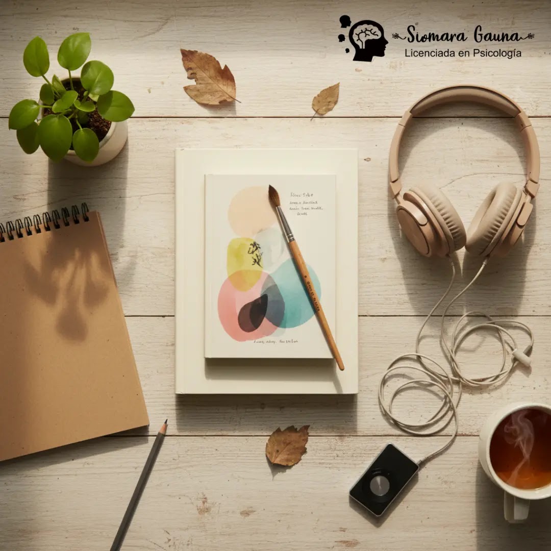 Un flat lay (toma aérea) con objetos asociados a hobbies simples: un pincel, un libro abierto, audífonos y una libreta. Enfoque: Actividades simples, hobbies, desconexión digital.