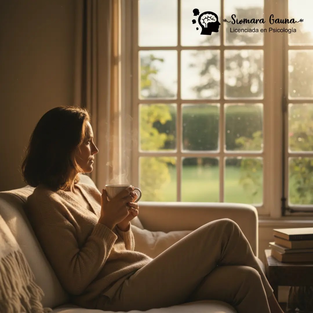 Una persona sentada tranquilamente en un sofá, con una taza en las manos, mirando por una ventana soleada. Enfoque: Paz, reflexión, quietud.