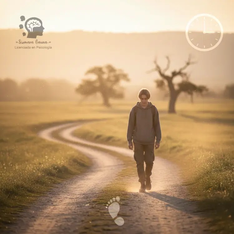 El futuro no corre, camina.. un adolescente caminando tranquilo por un sendero iluminado, sin prisa