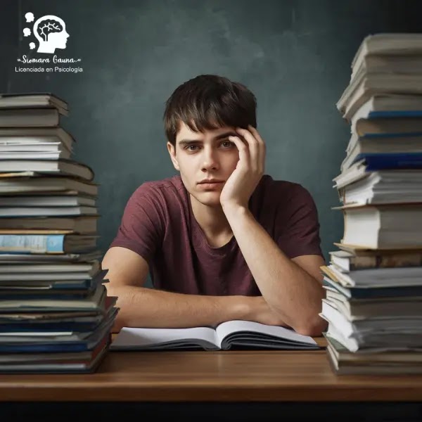 La ausencia de ganas en la juventud Adolescente aburrido entre pilas de libros