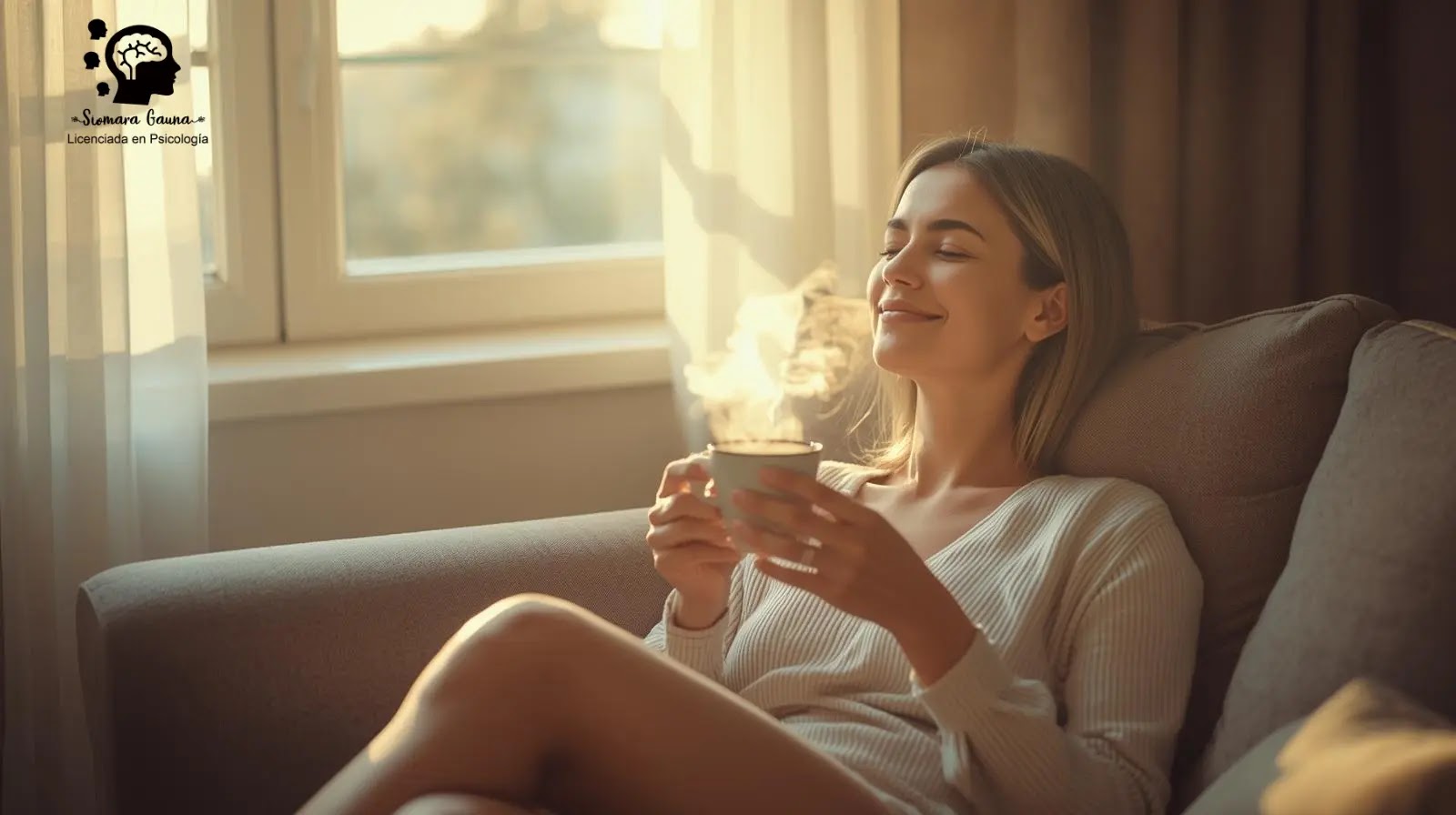 Una mujer serena y tranquila sentada en un cómodo sofá junto a una ventana con la suave luz de la mañana, sosteniendo una taza de té caliente, luciendo relajada y feliz, iluminación cinematográfica, alta calidad, estética minimalista y limpia, que representa el cuidado personal y el disfrute sin culpa.