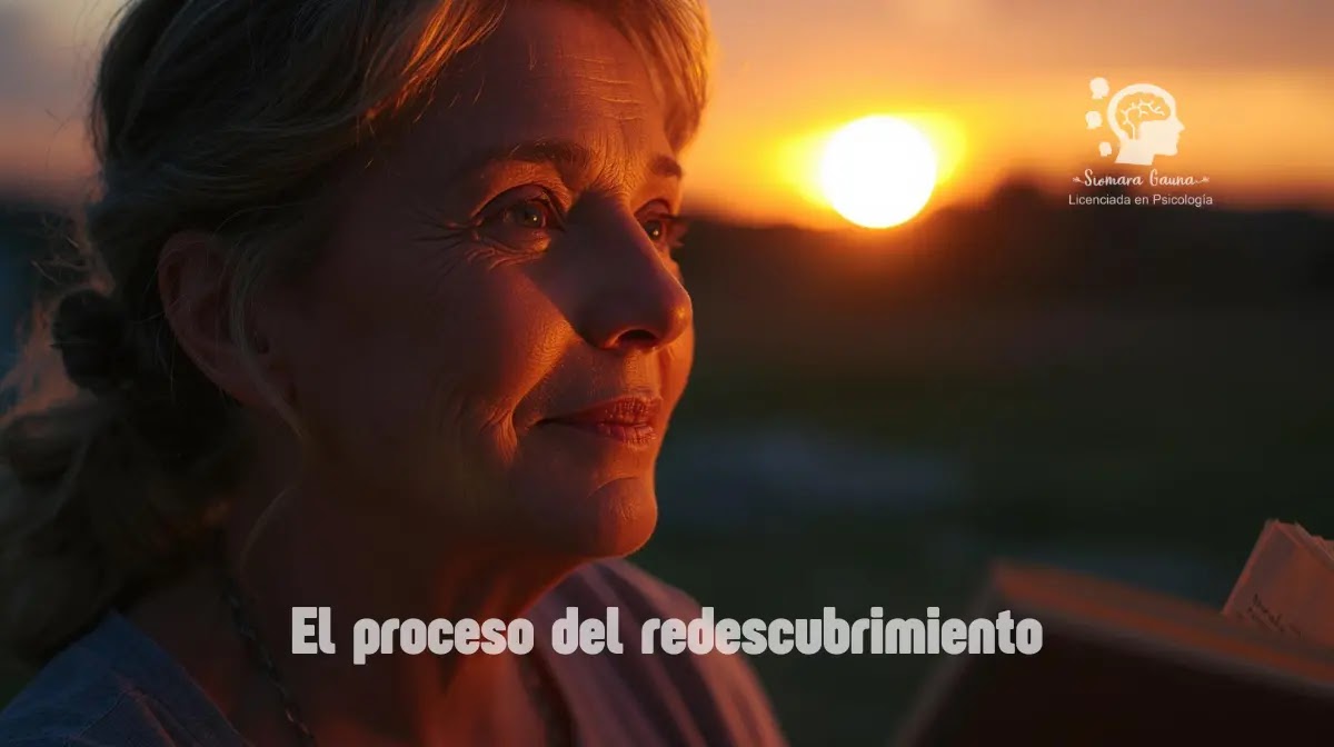 Redescubrirse después de los 50 Una mujer de unos 55 años, con expresión serena y una sonrisa ligera, mirando el horizonte o realizando una actividad creativa ( lectura al aire libre). Luz cálida de atardecer