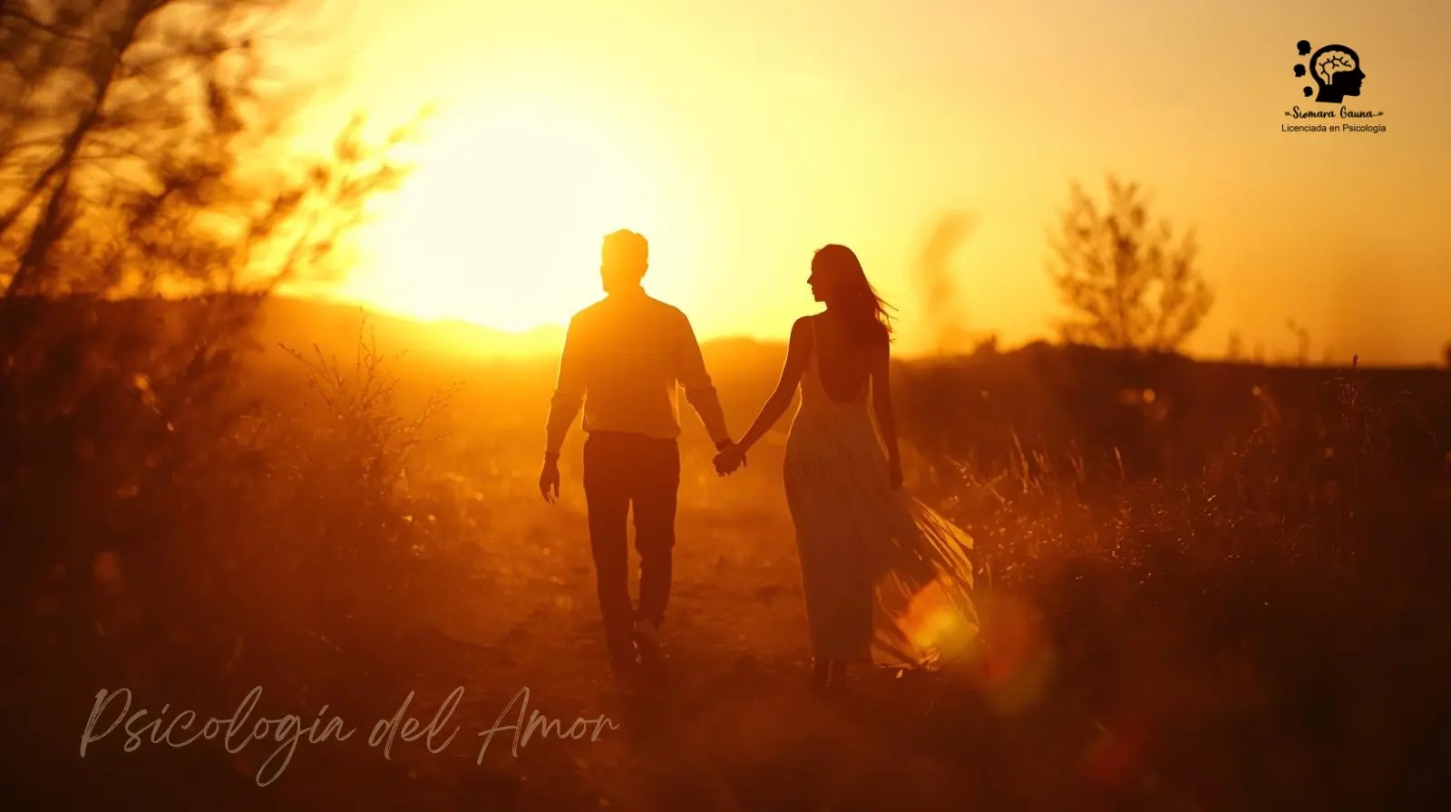 Psicología del amor Pareja caminando de la mano bajo un atardecer cálido, representando la conexión emocional