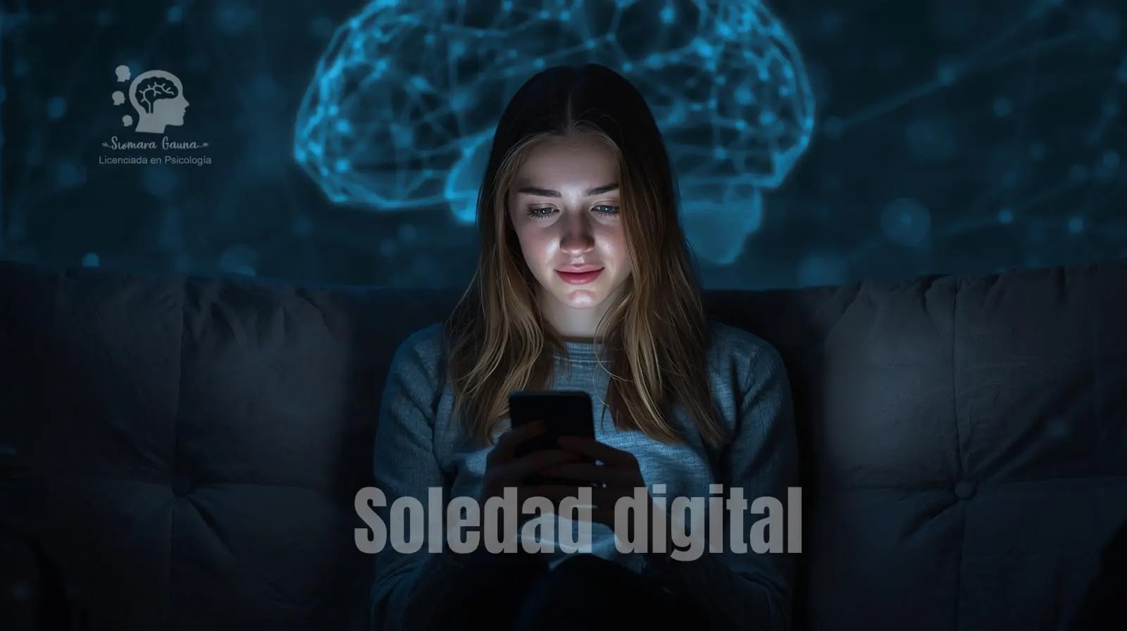 Está bien hablar con la IA Una persona joven sentada en un sofá en penumbras, sosteniendo un smartphone que ilumina suavemente su rostro. En el fondo, una silueta sutil de un cerebro digital o conexiones neuronales.
