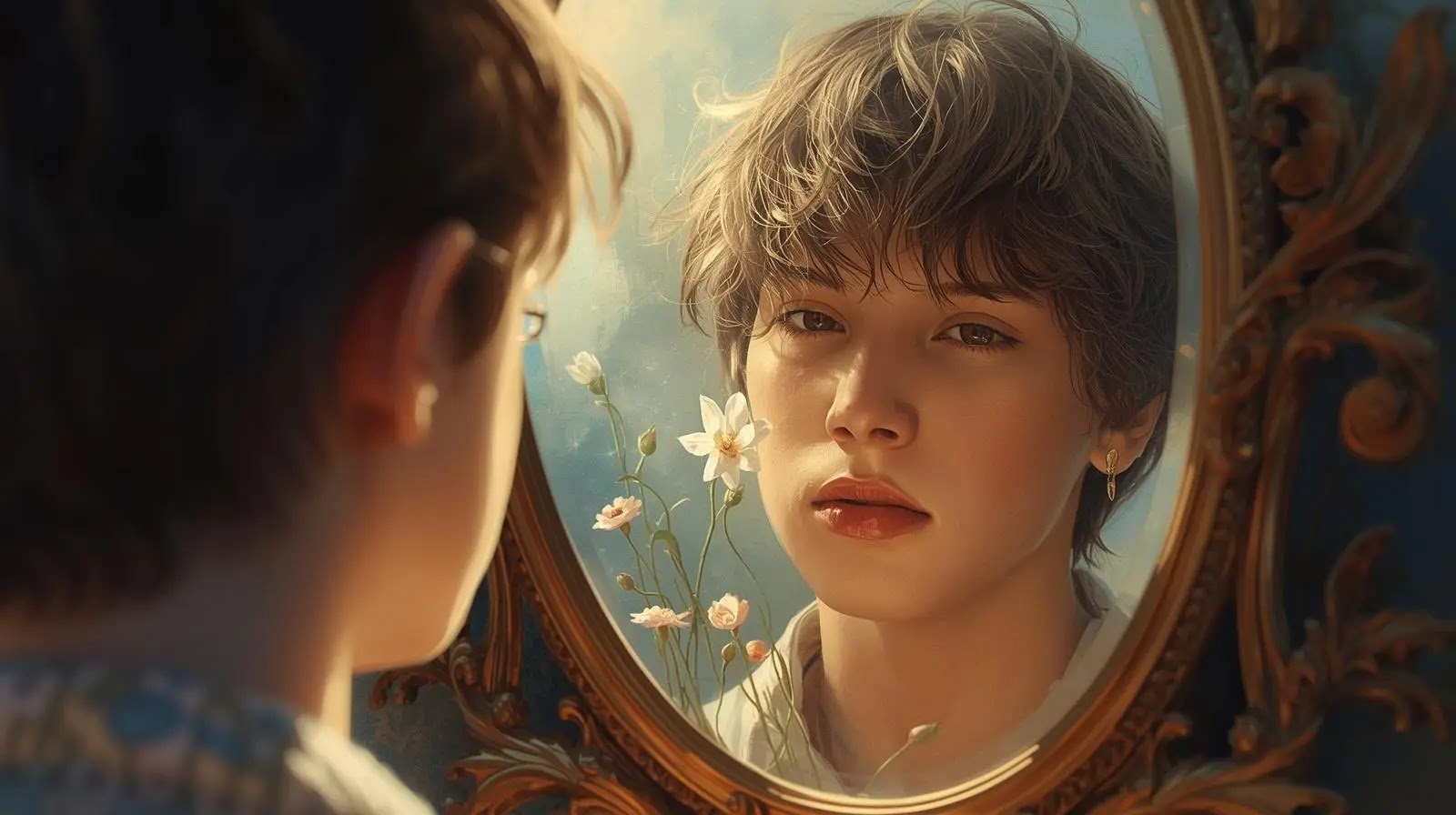 Una persona joven mirando su reflejo en un espejo, pero en lugar de ver defectos, el reflejo muestra una luz cálida o flores, simbolizando el crecimiento interior.