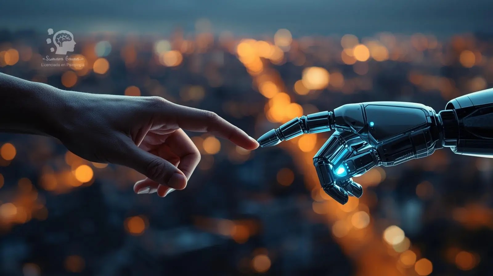 La IA en una herramienta valida? Un primer plano de dos manos: una humana y una robótica, acercándose pero sin tocarse, con un fondo desenfocado de una ciudad de noche. Representa la conexión tecnológica y el límite humano.