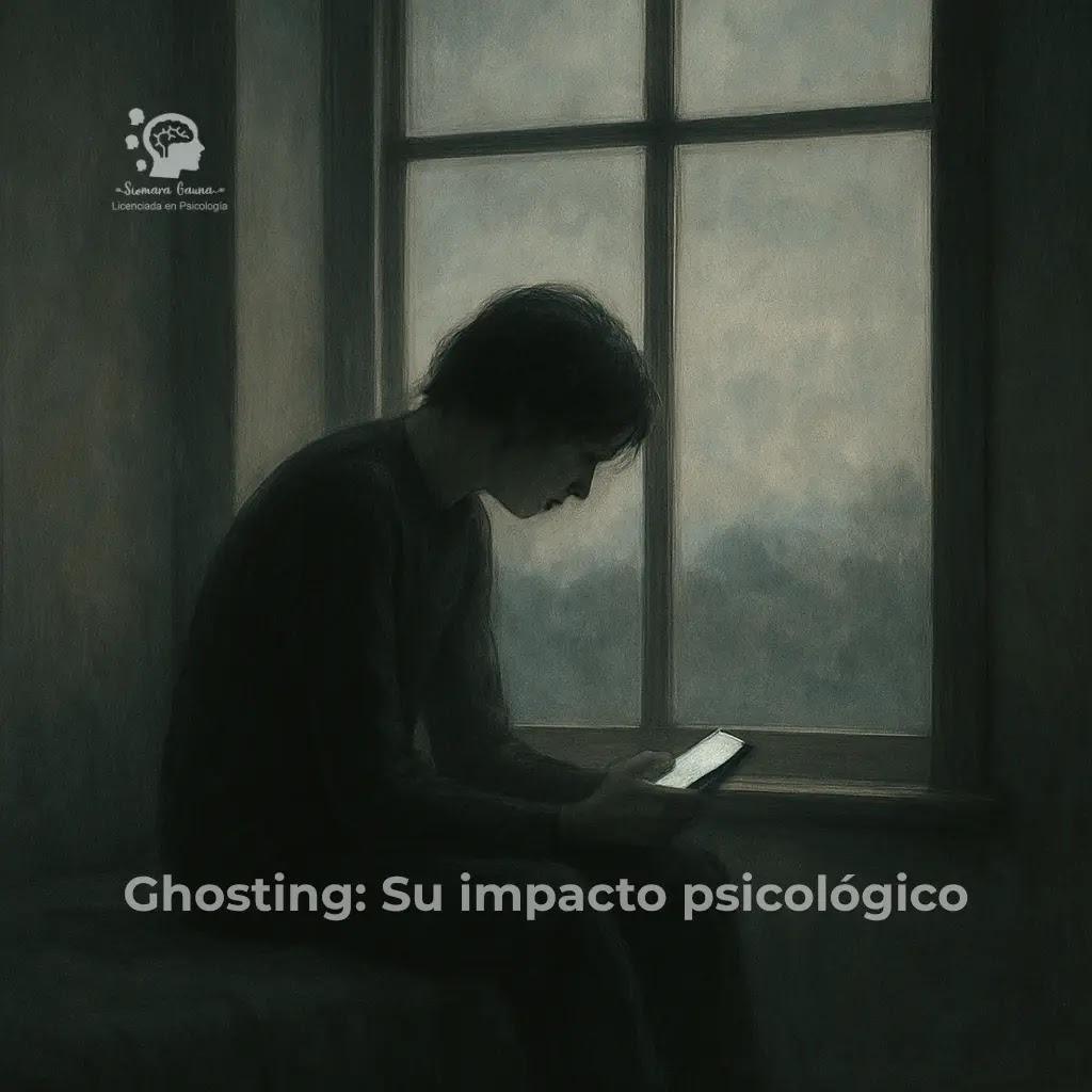 Ghosting, su impacto psicológico Una persona sentada sola frente a una ventana, mirando la pantalla de un celular que no muestra notificaciones. Tono melancólico pero estético.