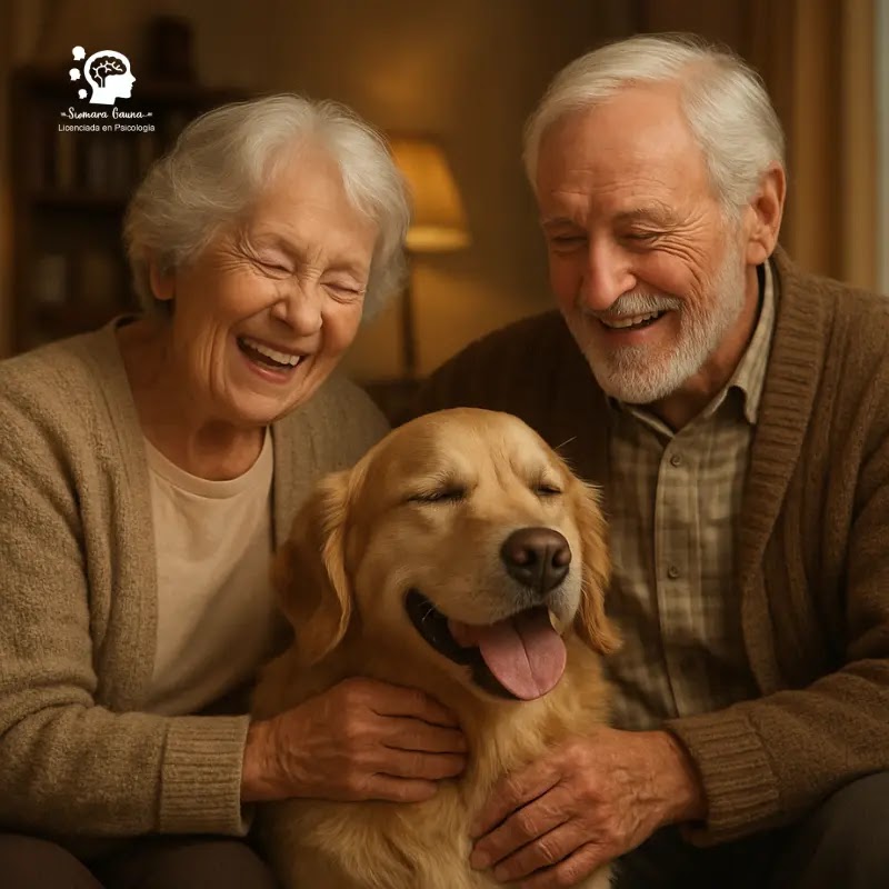 Dos personas mayores en un momento de risas con su mascota en un ambiente hogareño cálido.
