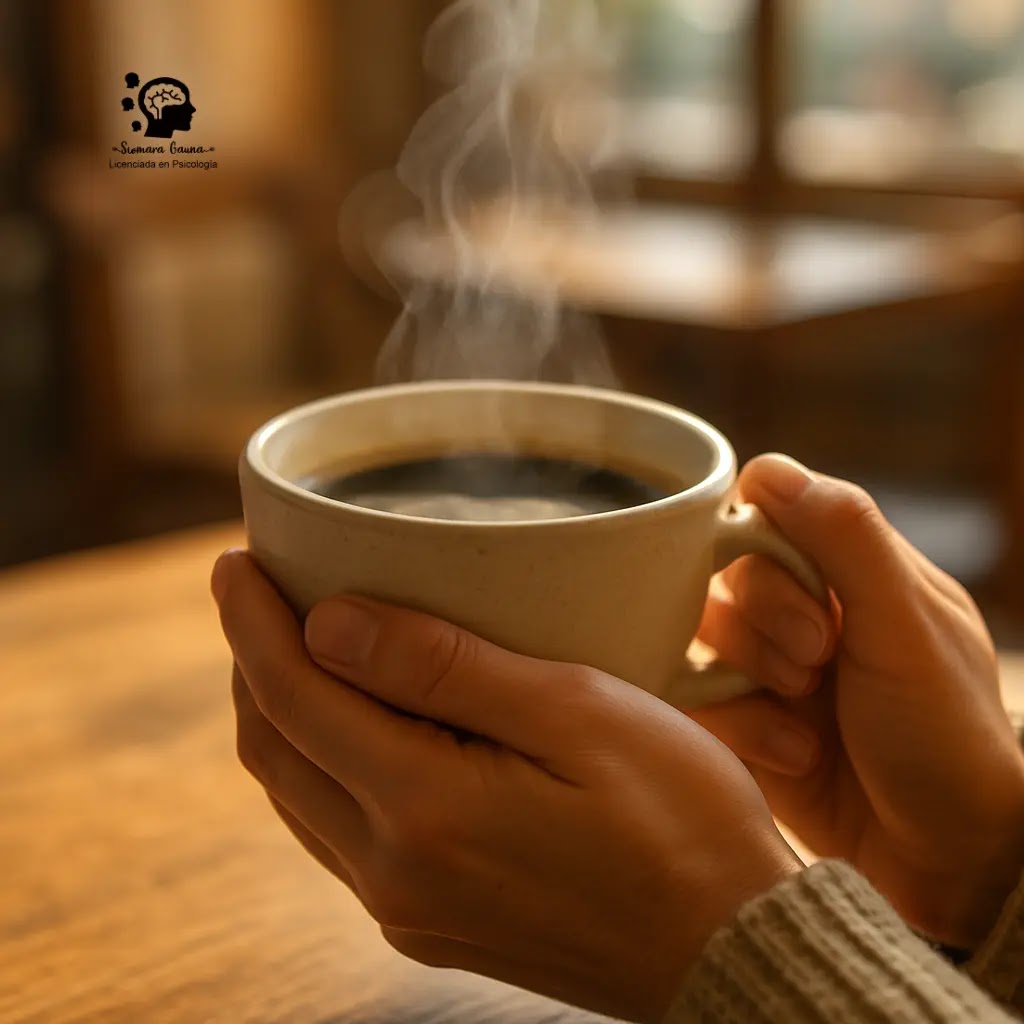 Autocuidado y paz Un primer plano de manos sosteniendo una taza de café caliente, transmitiendo calidez, autocuidado y paz.
