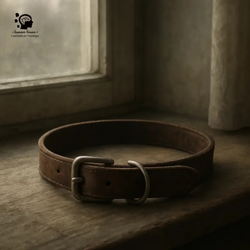 Una imagen melancólica pero serena, un collar de perro junto a una ventana con luz suave, para ilustrar el espacio de reflexión sobre la pérdida.
