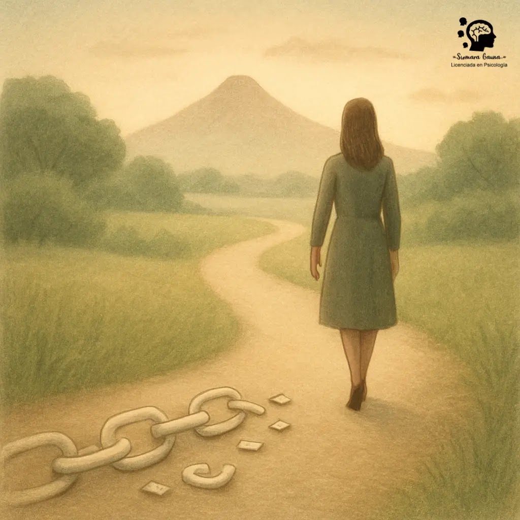 De la dependencia a la Autonomía Una mujer caminando por un sendero iluminado hacia una montaña, dejando atrás unas cadenas rotas de papel en el suelo.