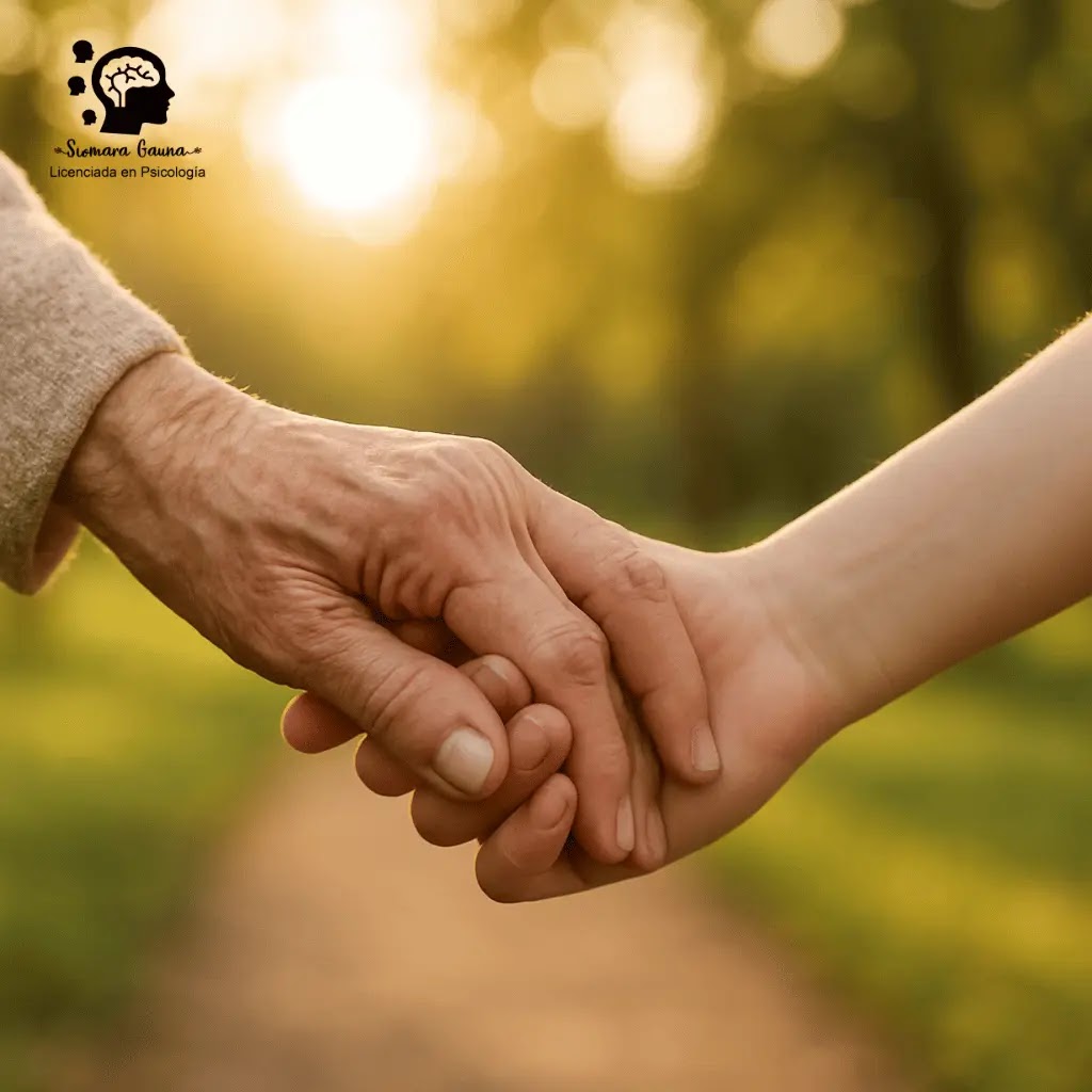 Una fotografía de un adulto mayor sosteniendo la mano de un joven (simbolizando apoyo y contención)