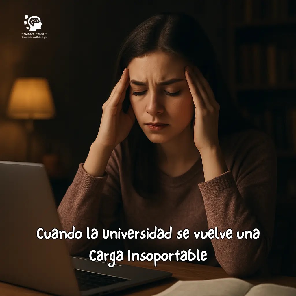 burnout academico estudiantes universitarios Una fotografía de una joven sentada frente a una laptop con las manos en la sien, en un ambiente de luz tenue, transmitiendo introspección y cansancio.