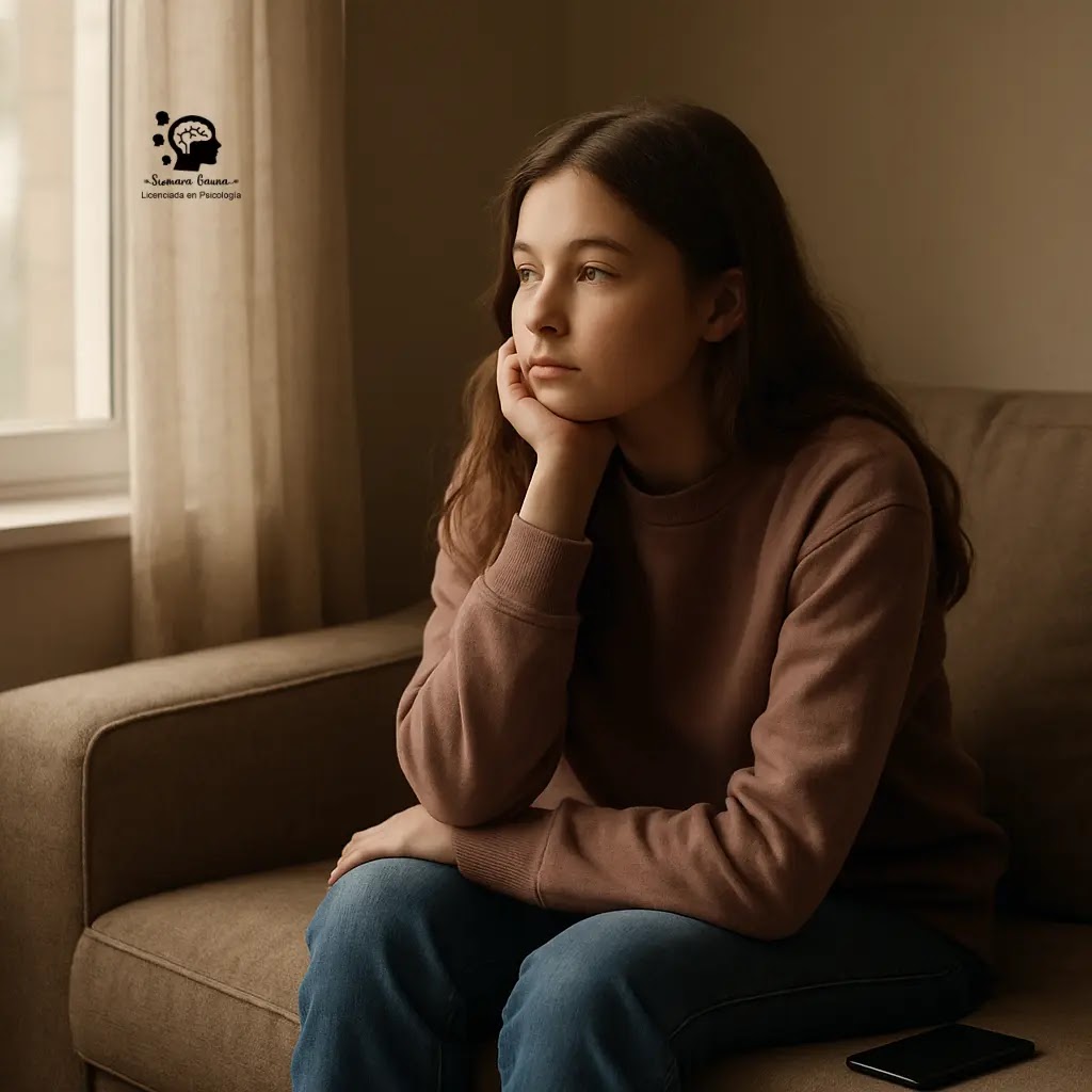 Una fotografía en tonos suaves de una adolescente sentada en un sofá, mirando pensativa hacia una ventana con un celular apagado a su lado.