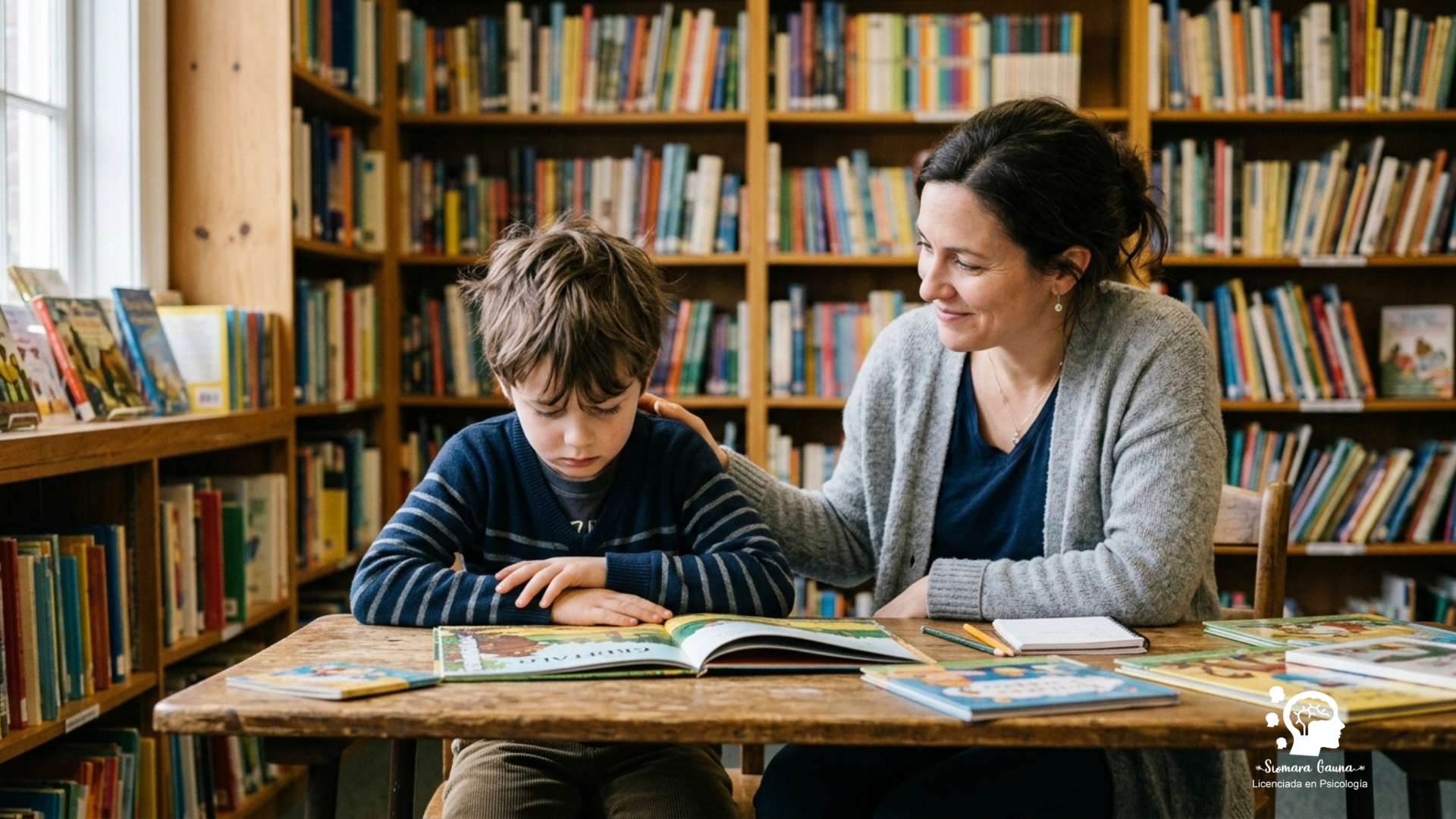 Un niño desanimado frente a los libros y una madre que lo acompaña sin presionar.