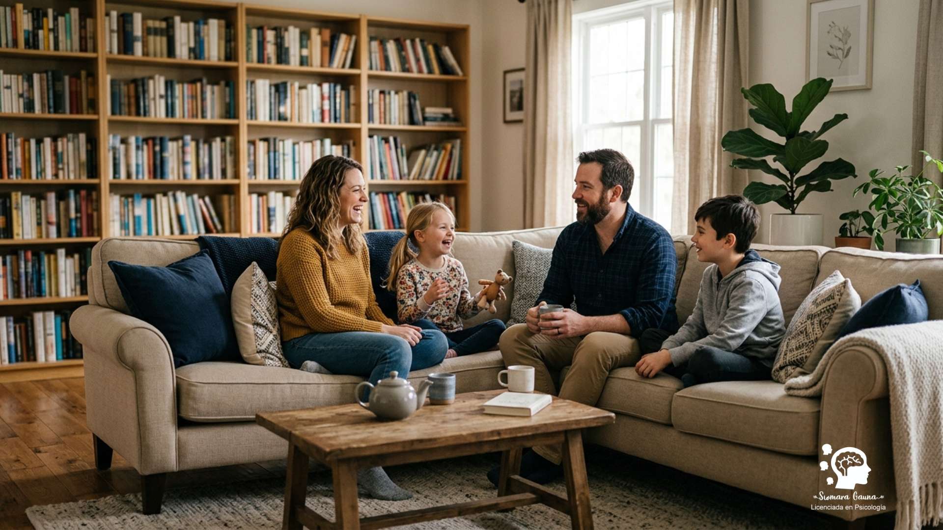 Una familia sentada en el sofá en una conversación relajada, con libros al fondo pero no en el centro.