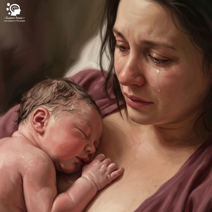 Un primer plano extremo y delicado, capturando el momento inmediatamente posterior al nacimiento. Un recién nacido, con la piel aún ligeramente húmeda, está recostado sobre el pecho desnudo de su madre (contacto piel con piel). La madre lo mira con una expresión de epifanía y amor profundo, con lágrimas de emoción. El bebé está tranquilo, escuchando su corazón.