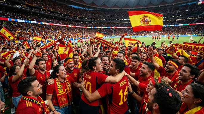 Una fotografía de una multitud abrazada festejando un gol, hinchada vistiendo los colores de la selección de futbol de España.
