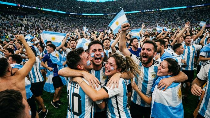 Una fotografía de una multitud abrazada festejando un gol, enfocando las expresiones de desahogo y felicidad en los rostros, unidas vistiendo los colores de la selección argentina de fútbol.