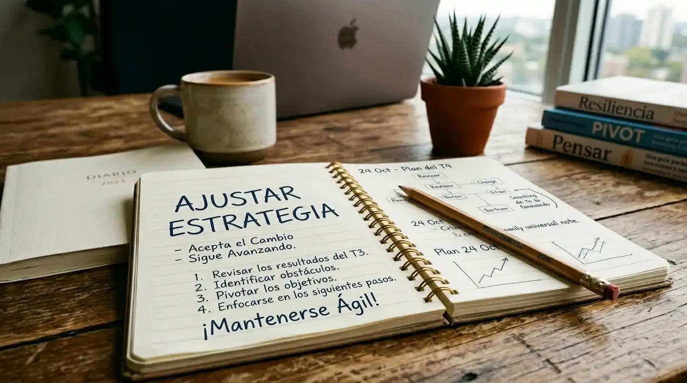 Gestionar el "post-fracaso" de tus proyectos Un anotador en primer plano donde se lee la palabra "Ajustar estrategia" con un lápiz al lado, transmitiendo la idea de resiliencia y planificación.