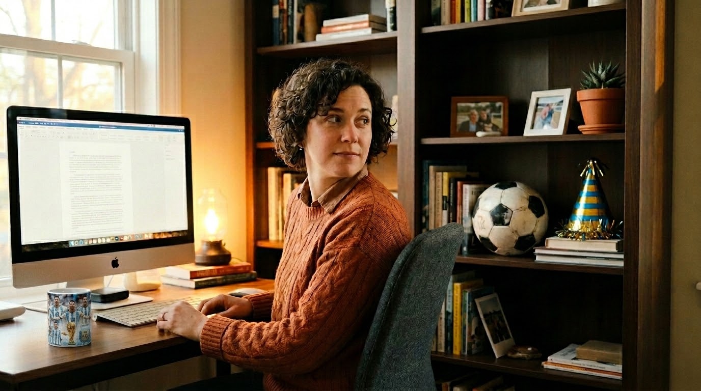 Gestionar la frustración en tus proyectos Una persona sentada frente a una computadora de escritorio en un ambiente cálido, mirando de reojo una pelota de fútbol o cotillón guardado en un estante, con expresión reflexiva pero tranquila.