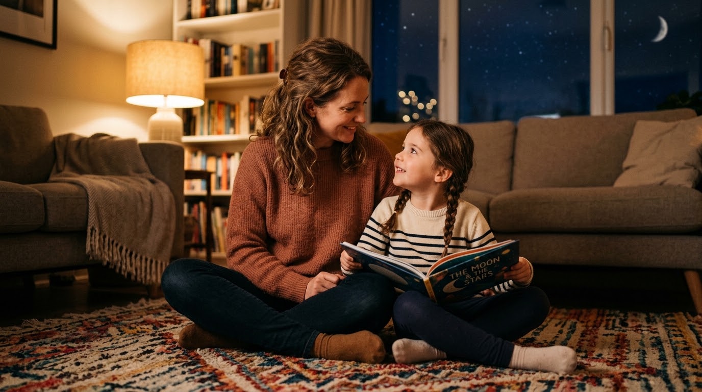 Interrogantes existenciales de los niños Una mamá y su hija sentadas en el suelo, mirando a los ojos a un niño pequeño de unos 6 años que sostiene un libro o mira el cielo de noche, reflejando una atmósfera de complicidad, calidez y escucha atenta.