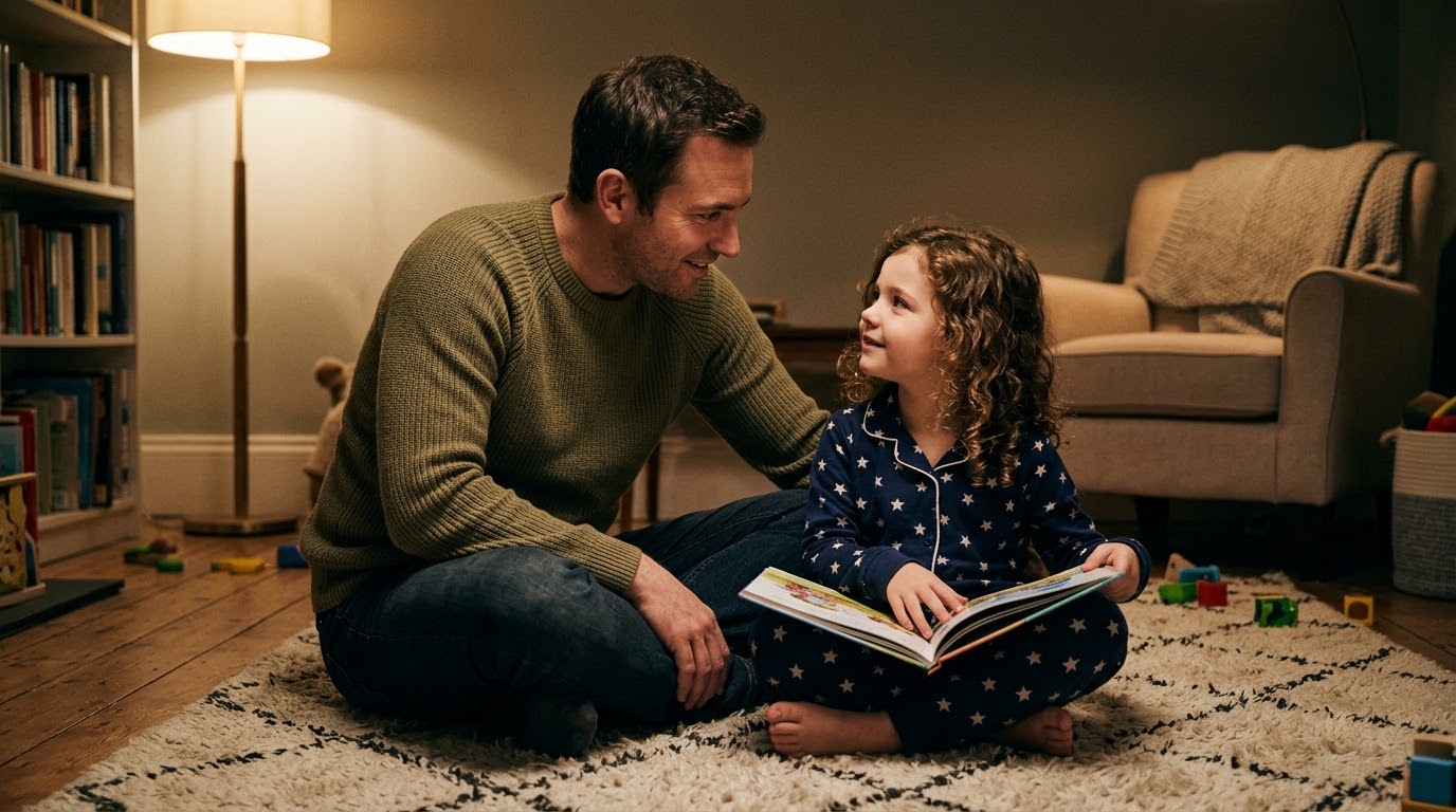 Preguntas existenciales de los niños Un papá y su hija sentados en el suelo, mirando a los ojos a un niño pequeño de unos 6 años que sostiene un libro o mira el cielo de noche, reflejando una atmósfera de complicidad, calidez y escucha atenta.