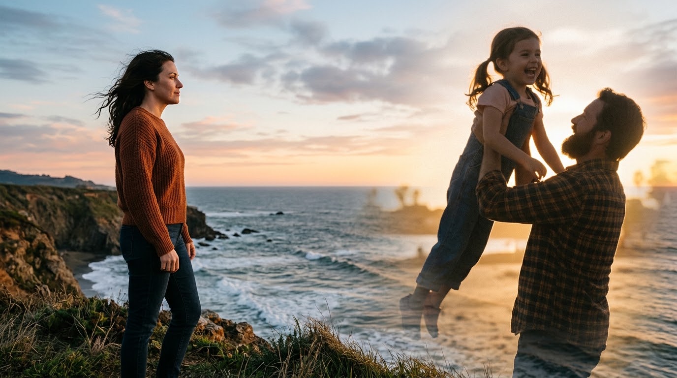 vínculo con el padre Una fotografía de una mujer adulta mirando reflexivamente hacia el horizonte, entrelazada digitalmente con la silueta difuminada de su padre jugando con ella en la infancia. Transmite introspección, nostalgia y sanación.
