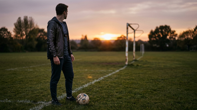 El manejo de la frustración Una persona mirando hacia el horizonte en un campo deportivo al atardecer, o una imagen que contraste la tensión de un monitor de ritmo cardíaco con elementos futbolísticos sutiles en desuso, evocando la introspección y la salud.