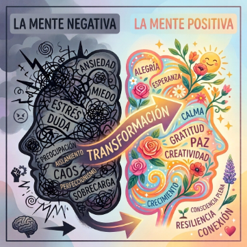 Una ilustración gráfica de dos mentes o cerebros: uno lleno de garabatos enredados y oscuros, y el otro con líneas ordenadas, flores o colores cálidos, simbolizando la transformación de los pensamientos negativos a positivos. Una ilustración gráfica de dos mentes o cerebros: uno lleno de garabatos enredados y oscuros, y el otro con líneas ordenadas, flores o colores cálidos, simbolizando la transformación de los pensamientos negativos a positivos.