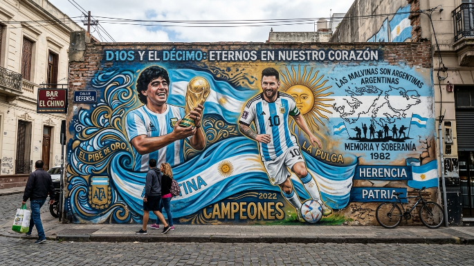 Malvinas, Maradona y la justicia poética Un mural callejero artístico donde conviven las figuras de Maradona y Messi con elementos patrios y referencias a Malvinas.