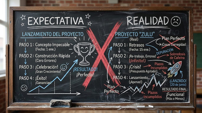 Replantear para encausar Un pizarrón con planes tachados, ilustrando visualmente la transición entre la expectativa y la realidad.