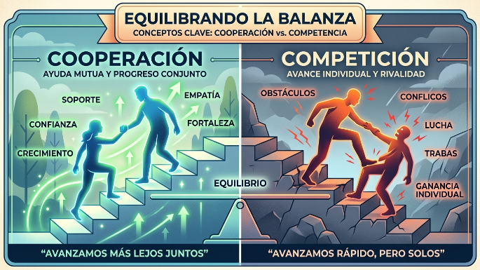 Competitividad saludable Dos siluetas subiendo una escalera; una ayuda a la otra (cooperación) vs. una pisando el escalón de la otra (competencia), para ilustrar visualmente el apartado de "equilibrar la balanza".