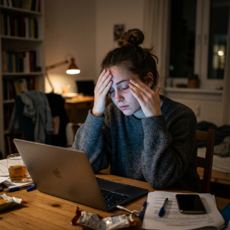 Una fotografía de alta calidad de una mujer joven frente a una computadora portátil en una habitación con luz tenue. La luz de la pantalla ilumina su rostro, el cual muestra una expresión de fatiga extrema; se está frotando los ojos o sosteniendo la cabeza con las manos. Una fotografía de alta calidad de una mujer joven frente a una computadora portátil en una habitación con luz tenue. La luz de la pantalla ilumina su rostro, el cual muestra una expresión de fatiga extrema; se está frotando los ojos o sosteniendo la cabeza con las manos.