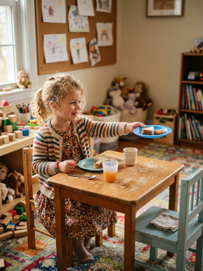 kid offering food to invisible friend